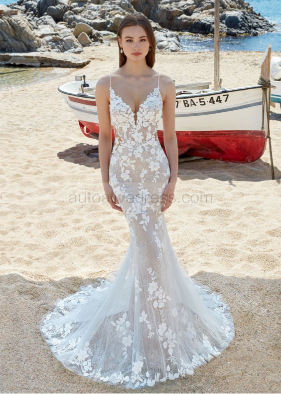 Spaghetti Straps Ivory Floral Lace Tulle Low Back Wedding Dress Spaghetti Straps Ivory Floral Lace Tulle Low Back Wedding Dress